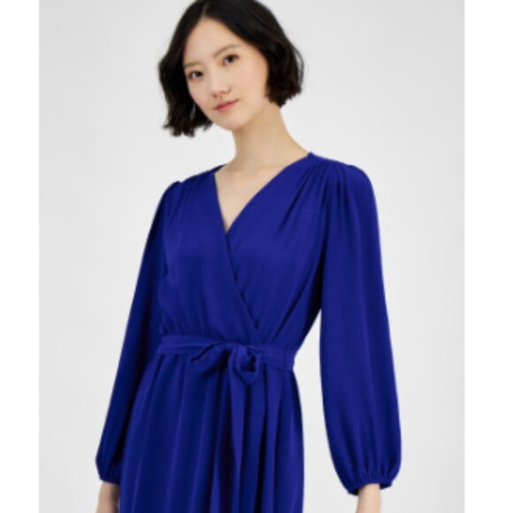 Connected Petite Long-Sleeve Tied Wrap Dress - Saphire - Picture 2 of 3